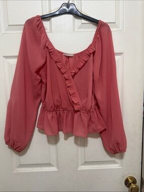 Active USA Rose-Pink Ruffled V-Neck Peplum Blouse